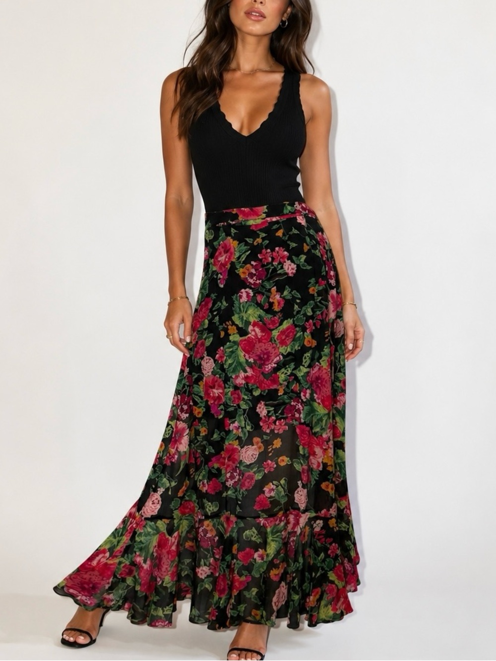 BCBGMaxAzria Avant-garde Black Floral Maxi Skirt with Pink & Green Blooms | XXS